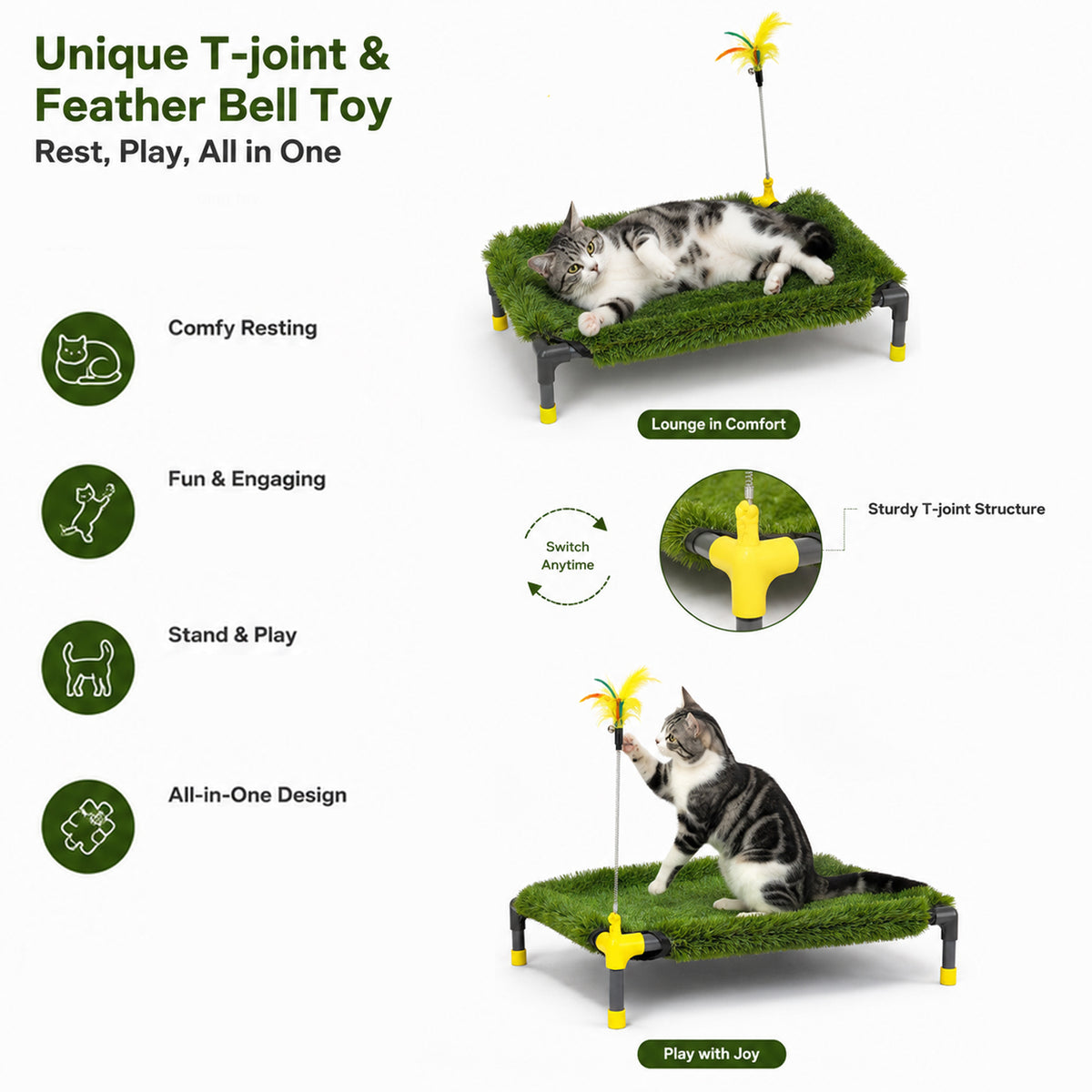 Elevated Cat Bed with Washable Artificial Grass Mat