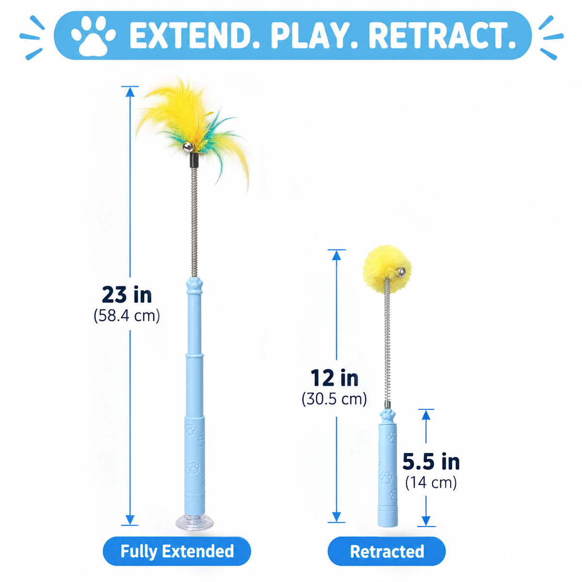 Retractable Cat Wand Toy with Suction Cup Base, 2 Replacement Attachments with Bells