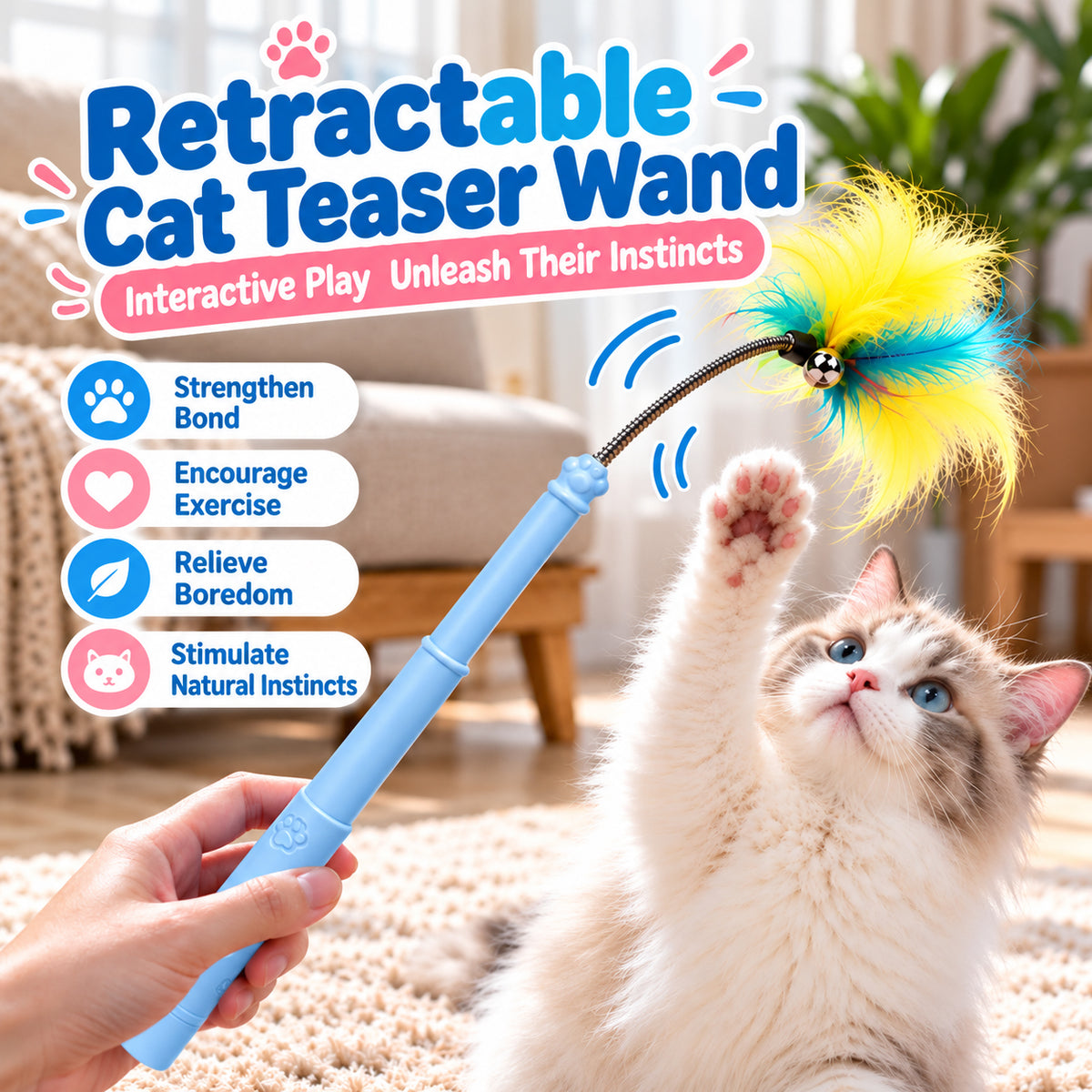Retractable Cat Wand Toy with Suction Cup Base, 2 Replacement Attachments with Bells
