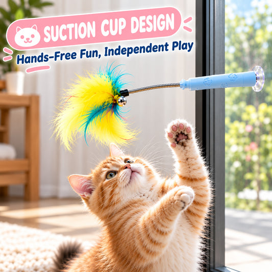 Retractable Cat Wand Toy with Suction Cup Base, 2 Replacement Attachments with Bells