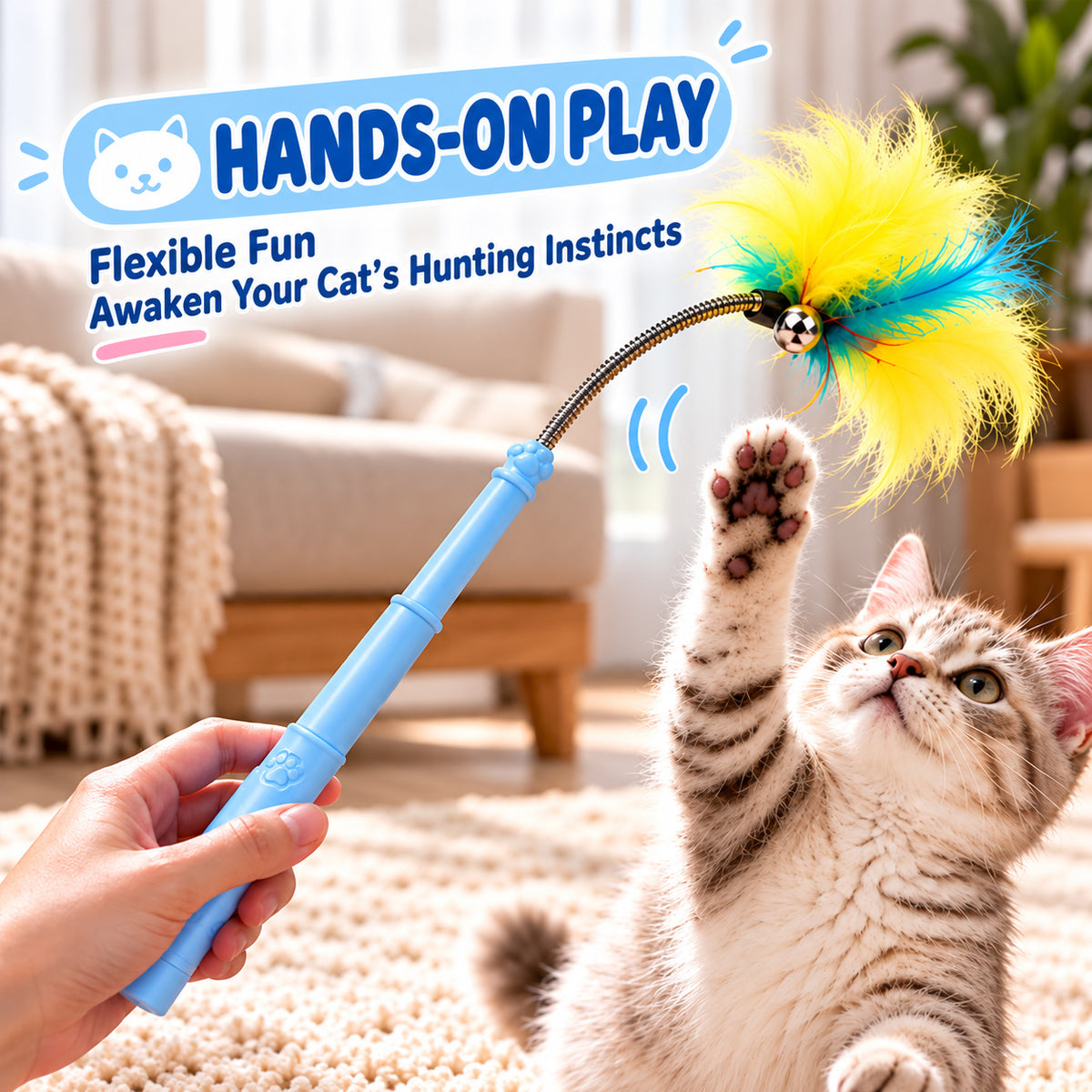 Retractable Cat Wand Toy with Suction Cup Base, 2 Replacement Attachments with Bells