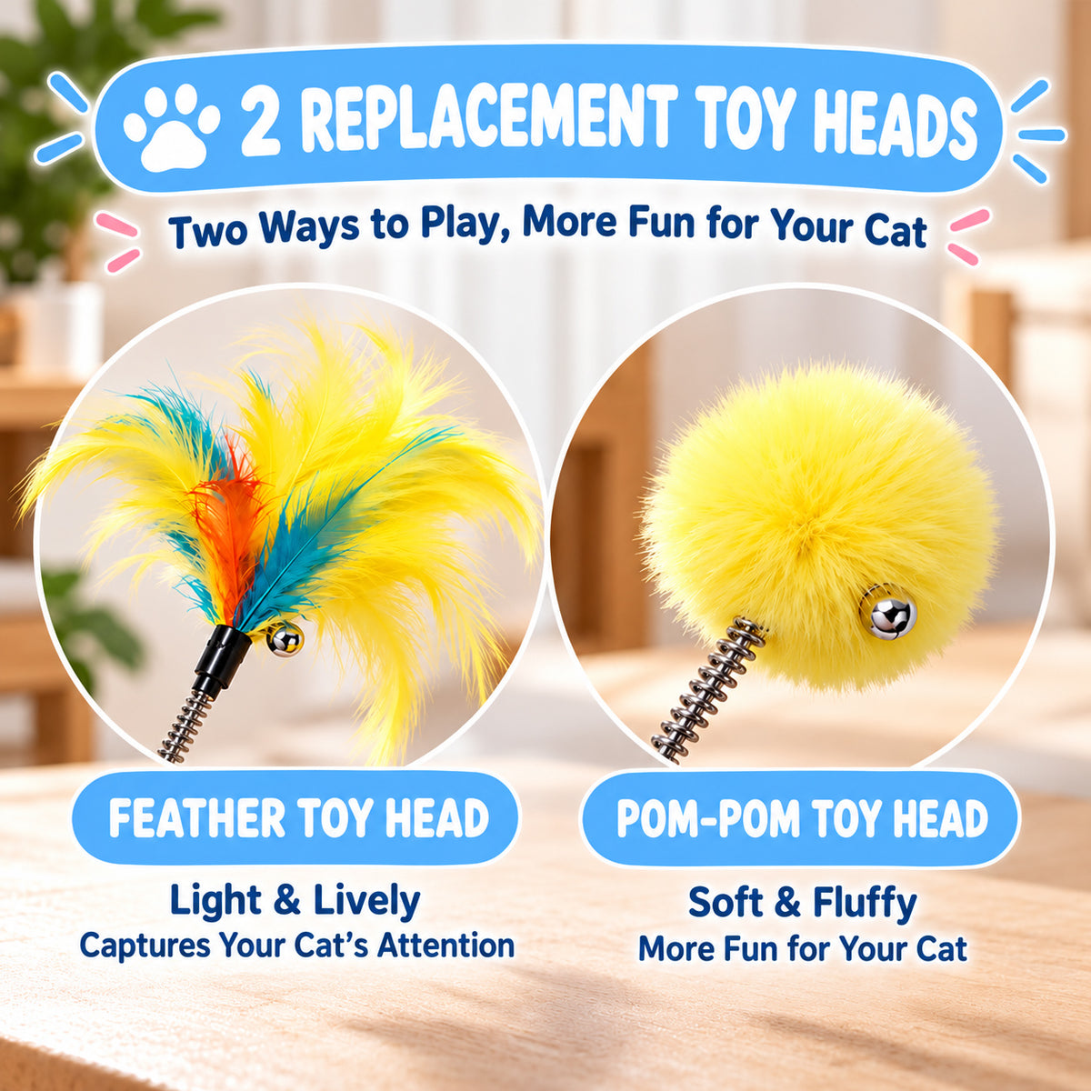 Retractable Cat Wand Toy with Suction Cup Base, 2 Replacement Attachments with Bells