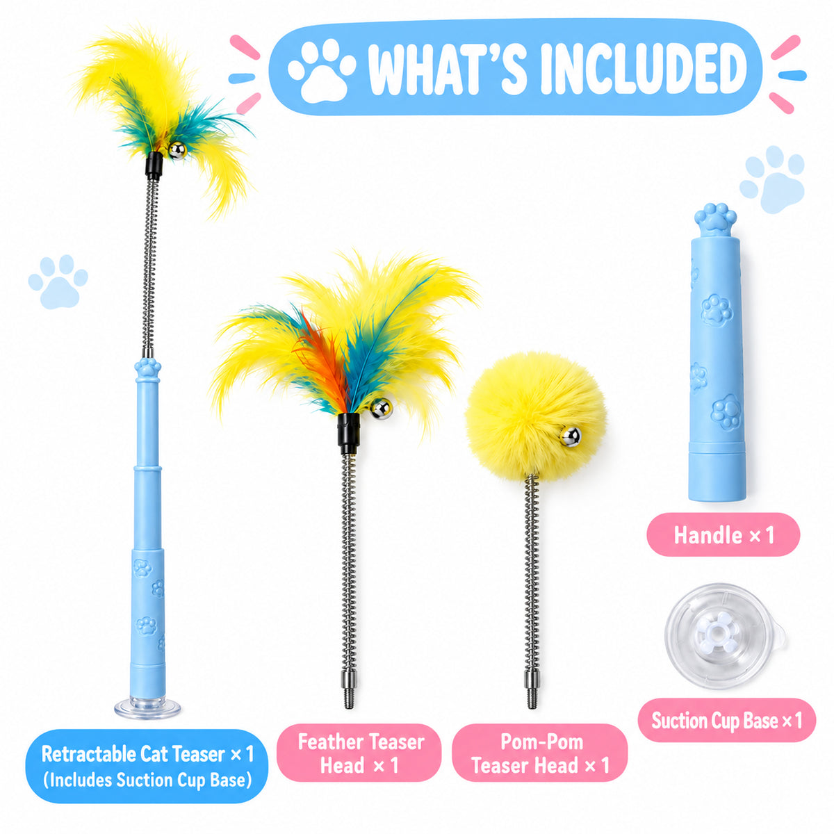 Retractable Cat Wand Toy with Suction Cup Base, 2 Replacement Attachments with Bells